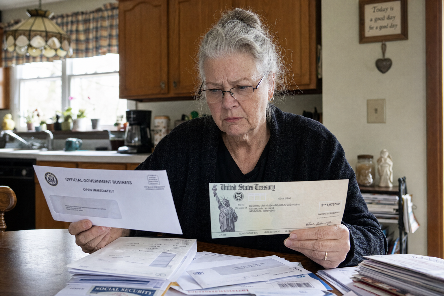 Photo: Helen K., 76, retired teacher in Ohio, distressed with fake Treasury mail and Trump Check activation fee