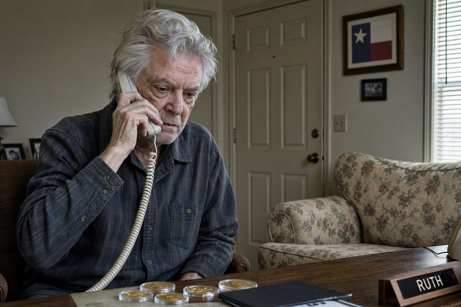 Photo: Ruth P., 79, man living alone in Texas, on the phone after Trump Coin and Diamond Bucks telemarketing purchases