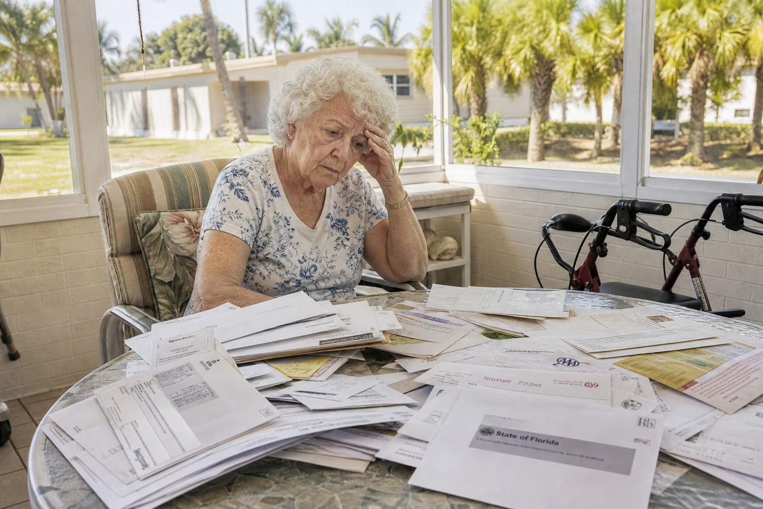 Photo: Betty L., 84, in Florida with walker and piles of Golden Liberty Token scam mail