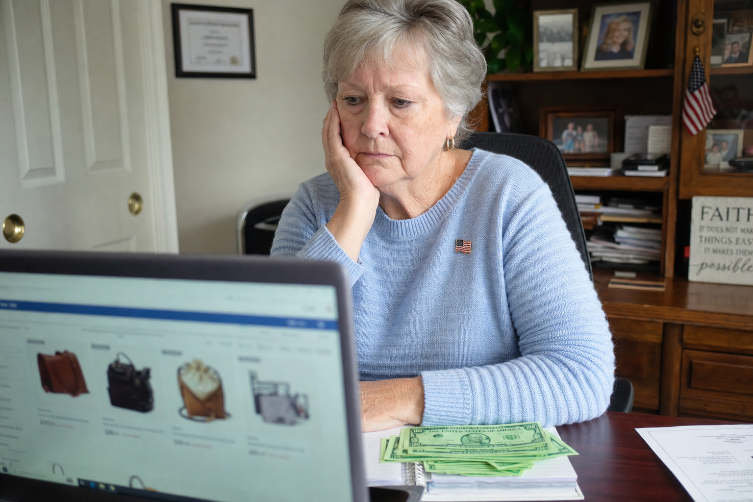 Photo: Virginia S., 77, veteran’s spouse in Pennsylvania, distressed at laptop after Trump Bucks online checkout scam