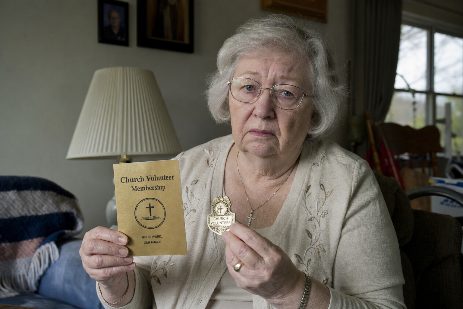 Photo: Frances W., 80, church volunteer in Michigan, holding worthless Membership Booklet and Golden Badge