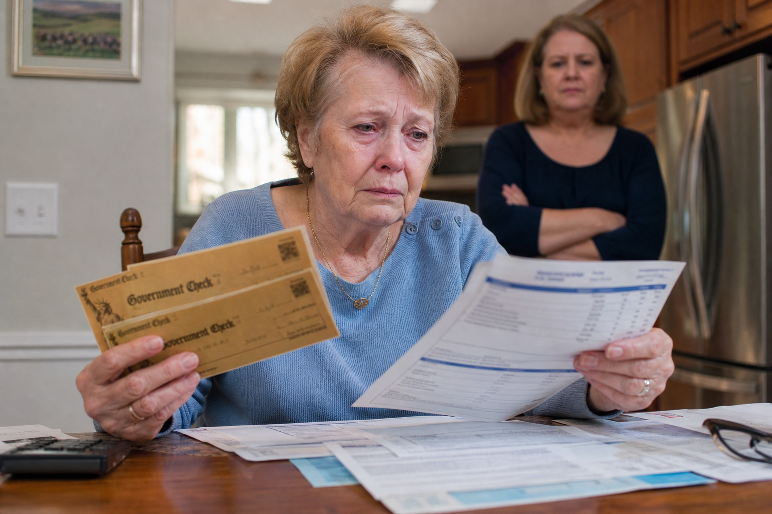 Photo: Gladys T., 75, in North Carolina reviewing Golden Checks statements as her daughter learns of the loss