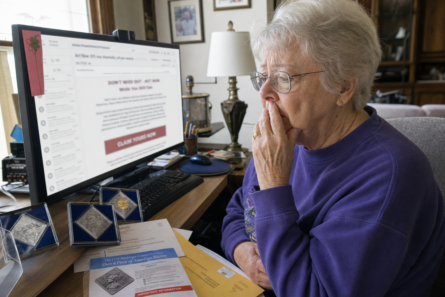Photo: Alice H., 78, in Wisconsin at computer after urgent Diamond Bucks and Trump Checks email scam